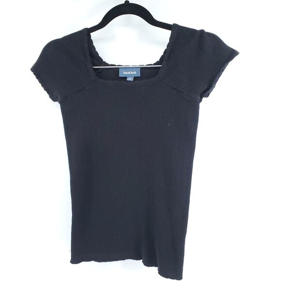 ModCloth Y2k Retro Ribbed Knit Black Scalloped Neck Cropped Stretchy Sweater L - Picture 2 of 8